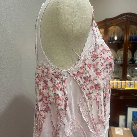 Pink Upcycled Boho Shabby Chic High Low  Dress with  Ruffles & Appliqués, Size M - Picture 8 of 13